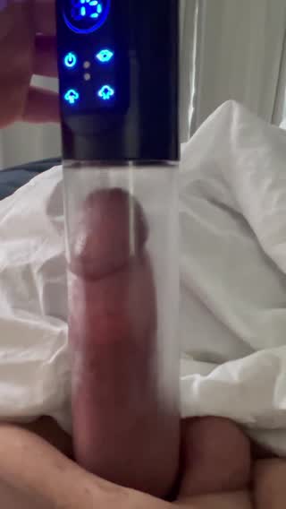 Pumping my cock till it almost hits the top. Watch (homemade video)
